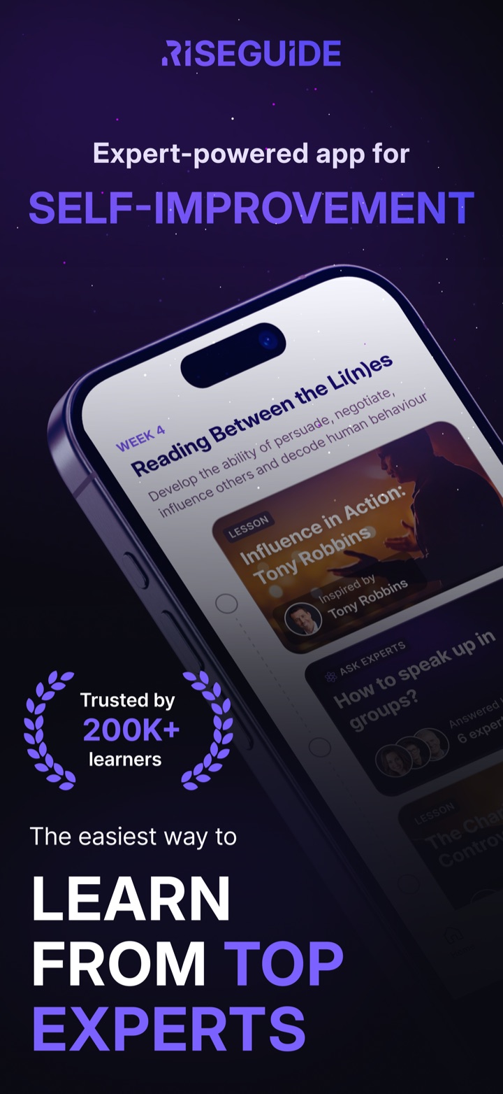 RiseGuide app screenshot 1 of 10 — expert-powered daily self-improvement lessons for communication, leadership and content creation