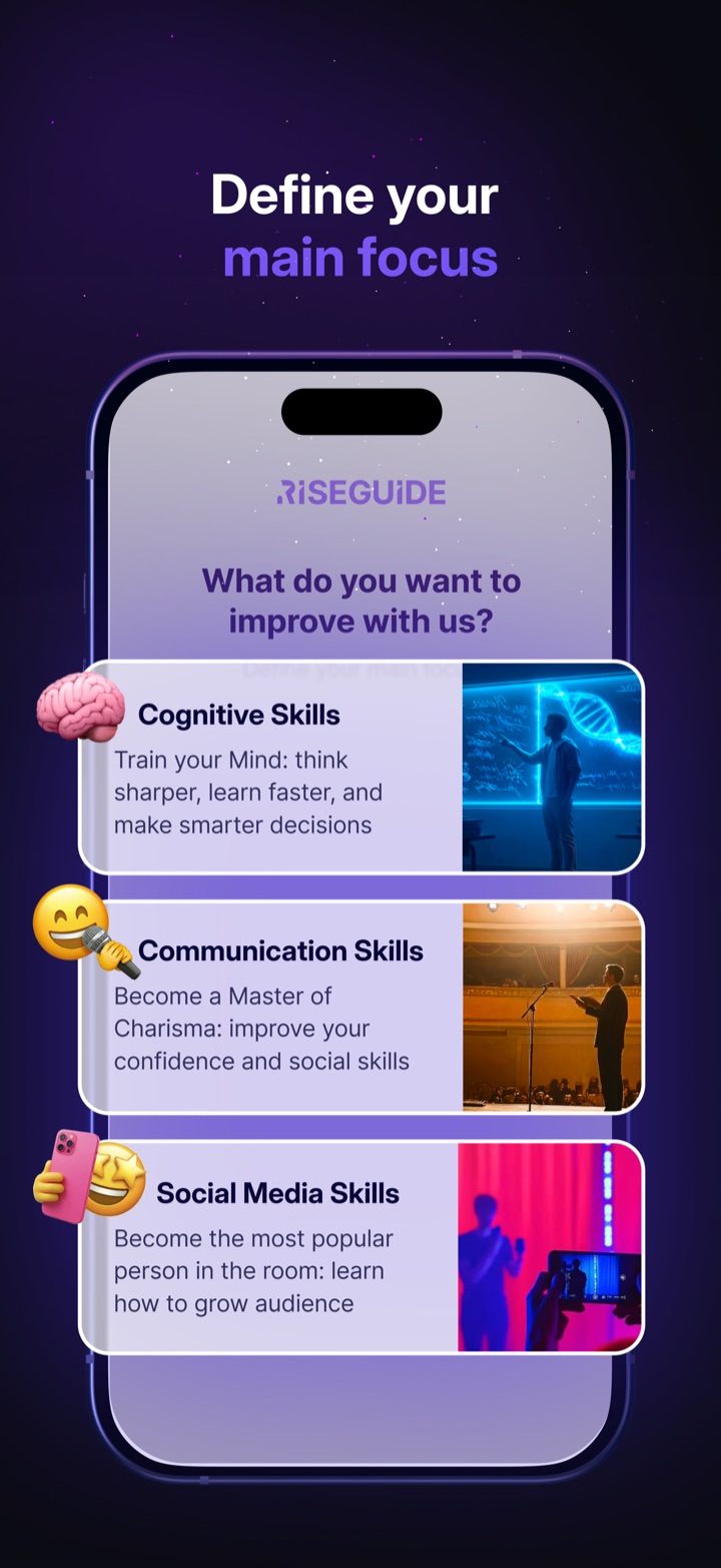 RiseGuide app screenshot 2 of 10 — expert-powered daily self-improvement lessons for communication, leadership and content creation
