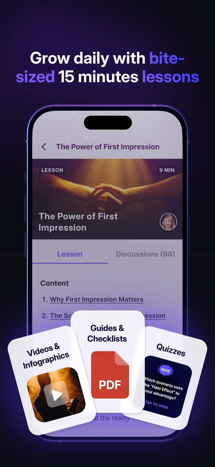 RiseGuide app screenshot 3 of 10 — expert-powered daily self-improvement lessons for communication, leadership and content creation