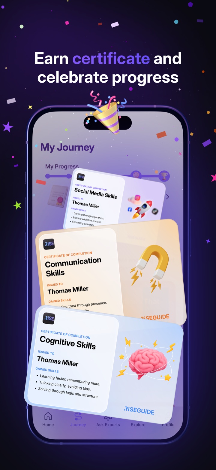 RiseGuide app screenshot 8 of 10 — expert-powered daily self-improvement lessons for communication, leadership and content creation